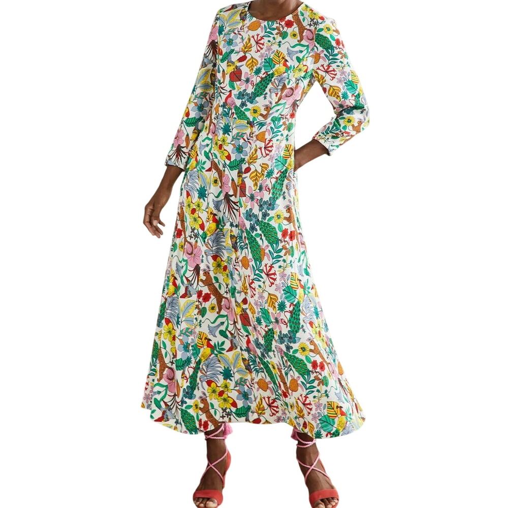 Boden Maxi Dress Exotic Paradise 3/4 Sleeve Crew Neck Semi Fit Multicolor 8R NWT
